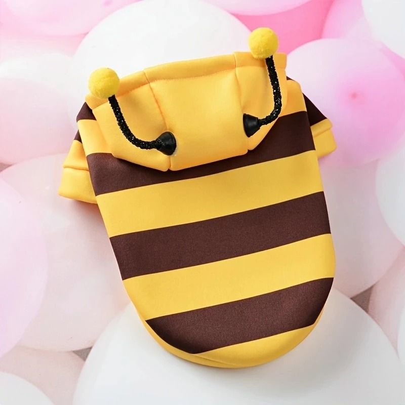 Bee-Print Fleece Hoodie for Pets | Pull-On Design with Pompom Antennas | Warm Winter Costume for Small Dogs and Cats 7