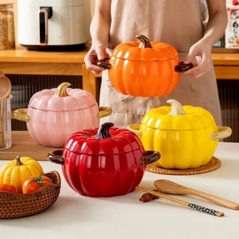Ceramic Pumpkin Soup Bowl with Lid | Halloween Serving Pot with Side Handles | Keeps Soup, Ramen & Stew Warm Longer 2