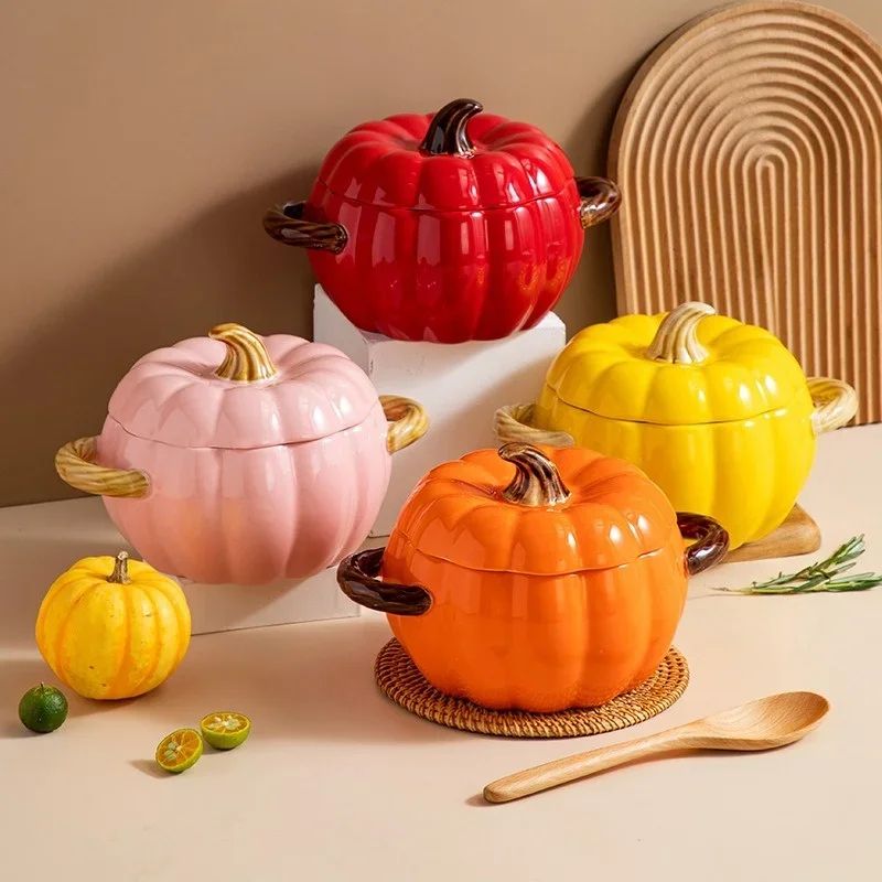 Ceramic Pumpkin Soup Bowl with Lid | Halloween Serving Pot with Side Handles | Keeps Soup, Ramen & Stew Warm Longer 4