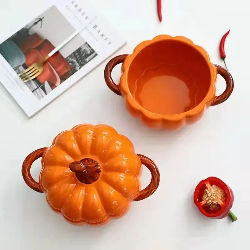 Ceramic Pumpkin Soup Bowl with Lid | Halloween Serving Pot with Side Handles | Keeps Soup, Ramen & Stew Warm Longer 5