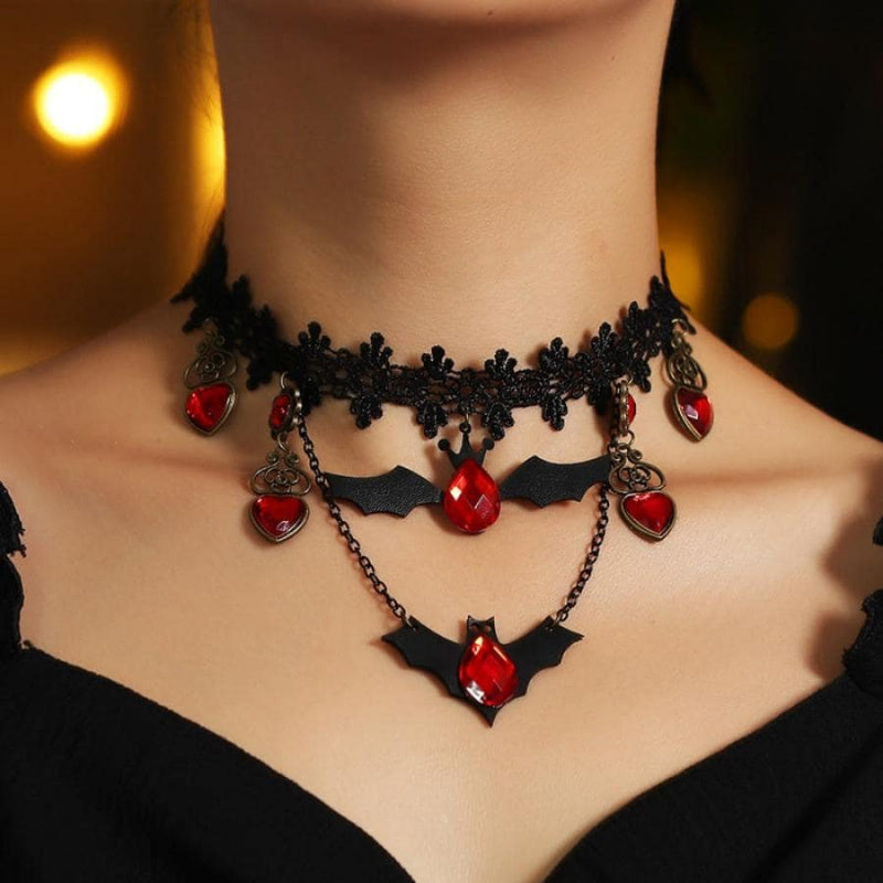 Women's Gothic Pendant Necklace | Bat & Ruby Heart Design 1