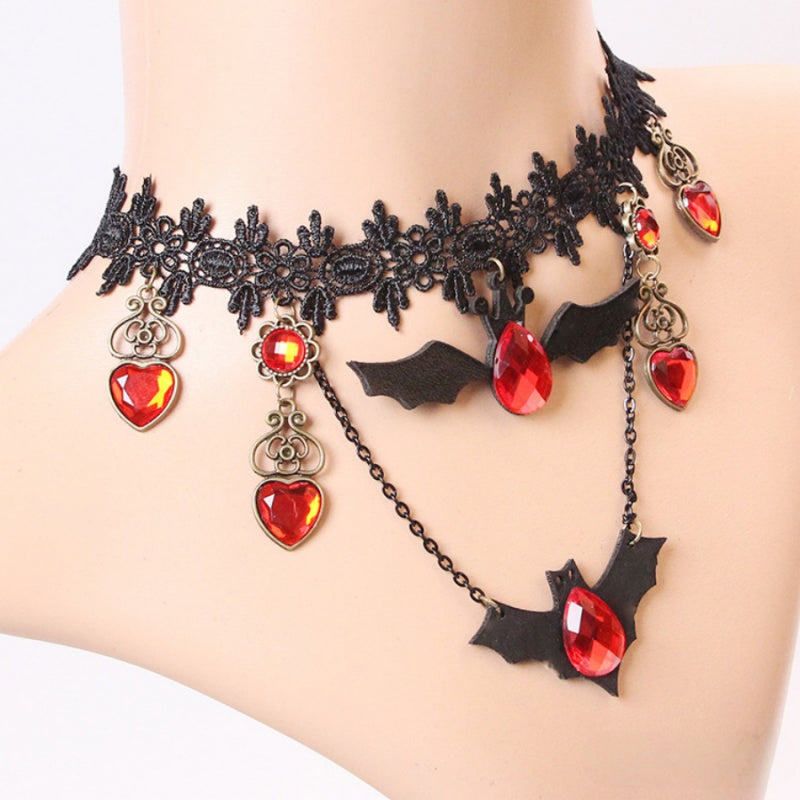 Women's Gothic Pendant Necklace | Bat & Ruby Heart Design 2