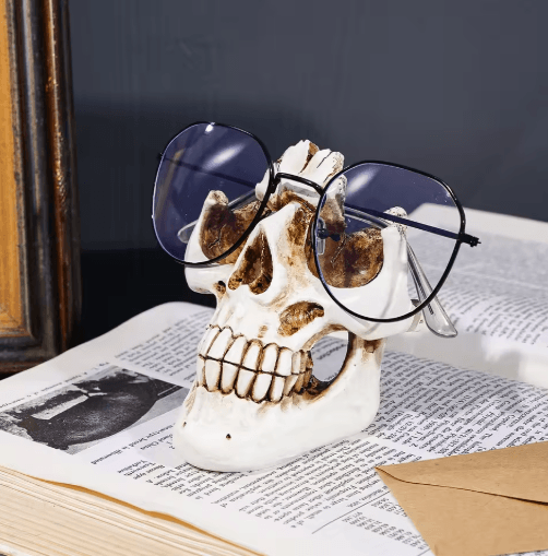 Skull Resin Glasses Holder | Halloween Decorative Storage Rack | Holds Eyeglasses & Sunglasses Securely on Desk or Shelf 3
