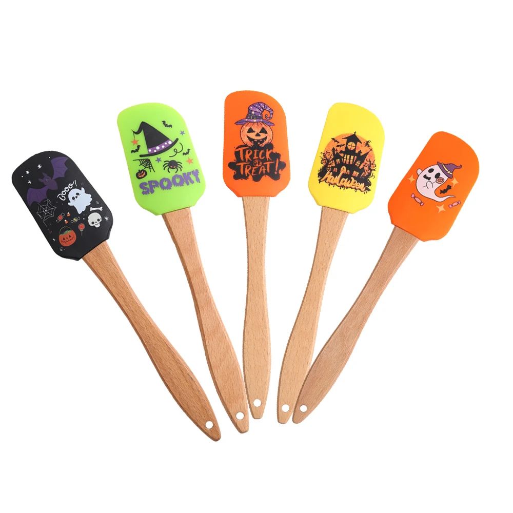 Silicone Baking Spatula Halloween Design | 5-Piece Set with Wooden Handles | Heat Resistant Non-Stick Scraper Tool 6