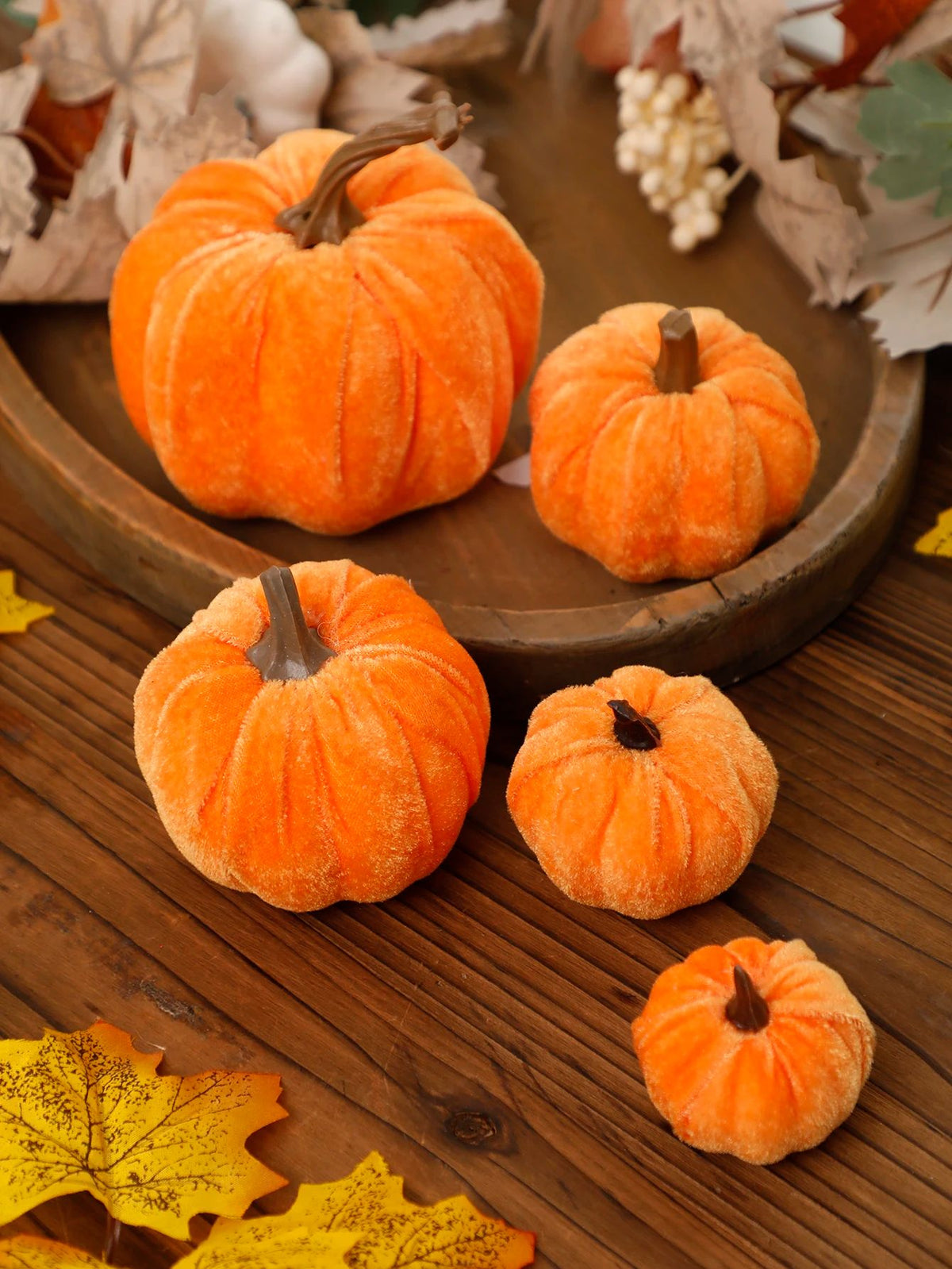 Velvet Artificial Pumpkin Autumn Décor | Plush Textured Shell with Decorative Stem | Reusable Foam-Filled Design 1