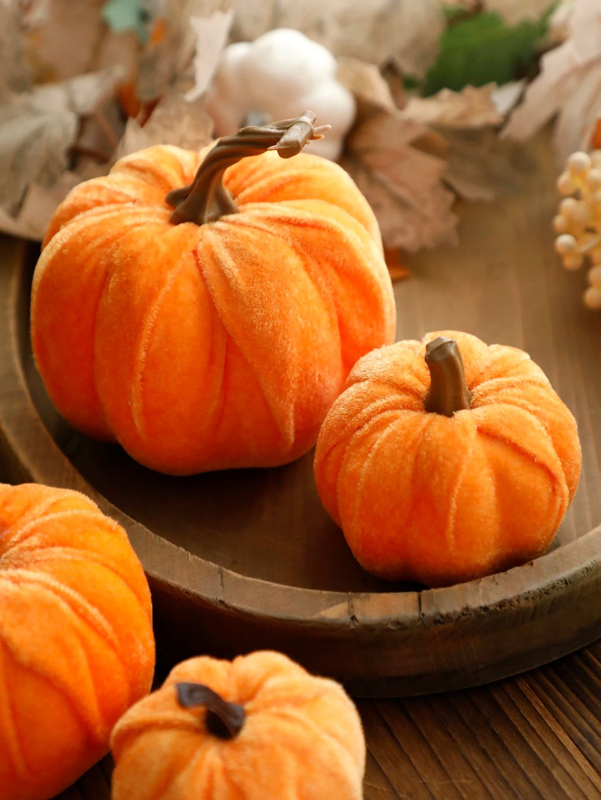 Velvet Artificial Pumpkin Autumn Décor | Plush Textured Shell with Decorative Stem | Reusable Foam-Filled Design 3