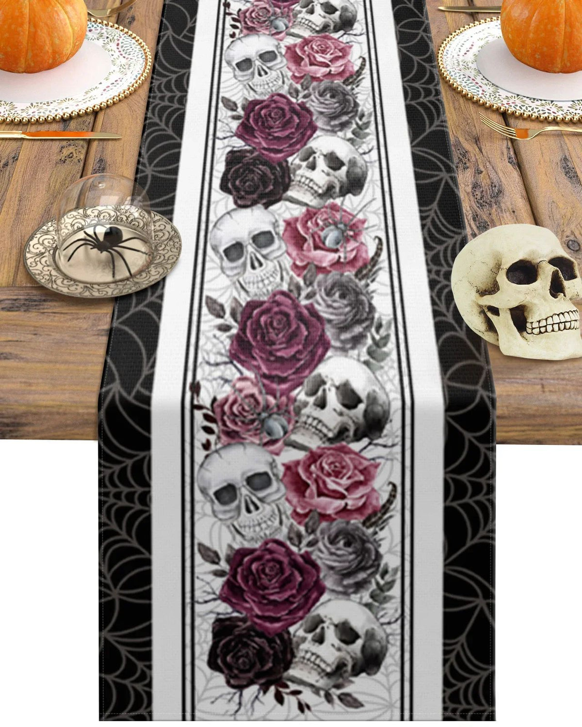 Halloween Table Runner Skull Crow Rose Print | Gothic Vintage Style Linen Blend | Stain Resistant Party Decor Piece 1