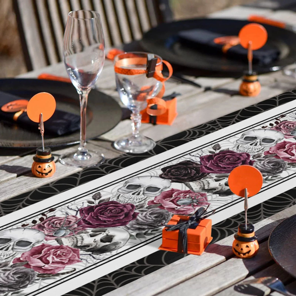 Halloween Table Runner Skull Crow Rose Print | Gothic Vintage Style Linen Blend | Stain Resistant Party Decor Piece 2