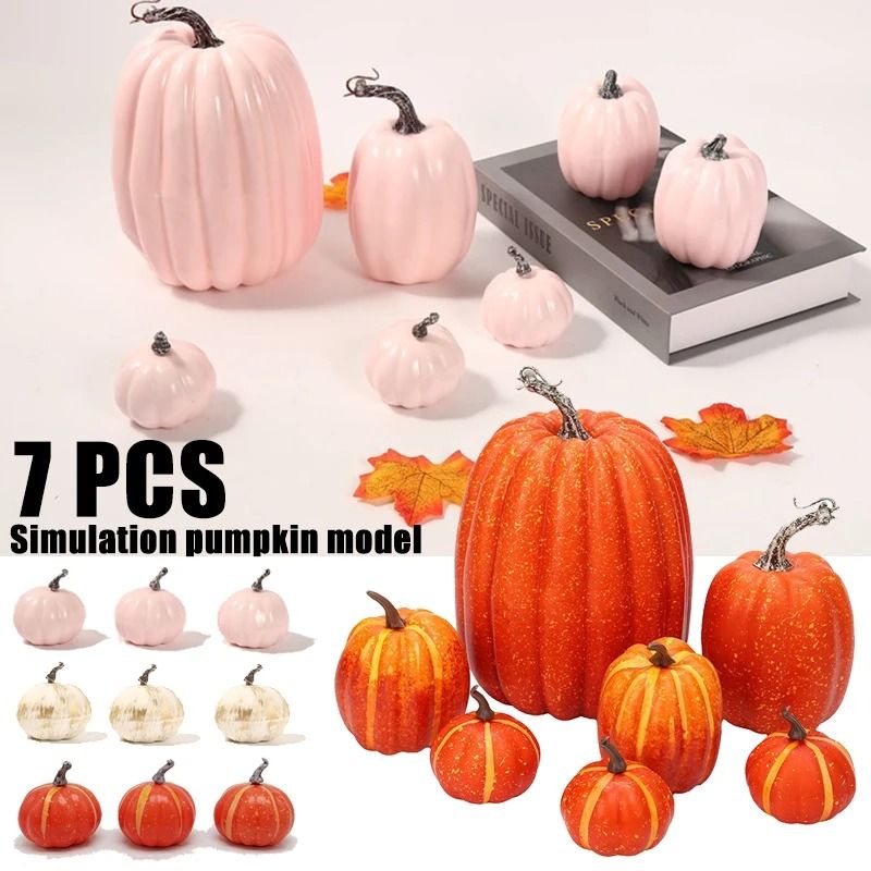 Artificial Pumpkin Set Autumn Decor | 7-Piece Multi-Size Collection | Ribbed Foam Pumpkins for Halloween & Weddings 1
