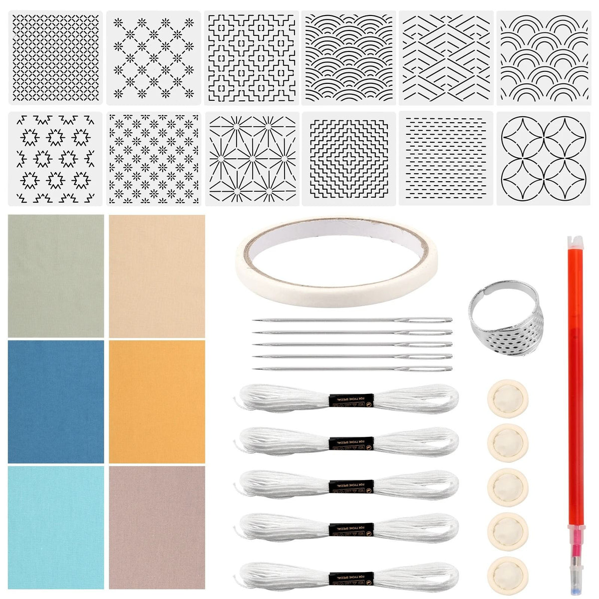 Sashiko Embroidery Stencil Kit 12 Piece Set | Reusable Templates with Thread, Needles & Thimble | Beginner Hand Stitching 7
