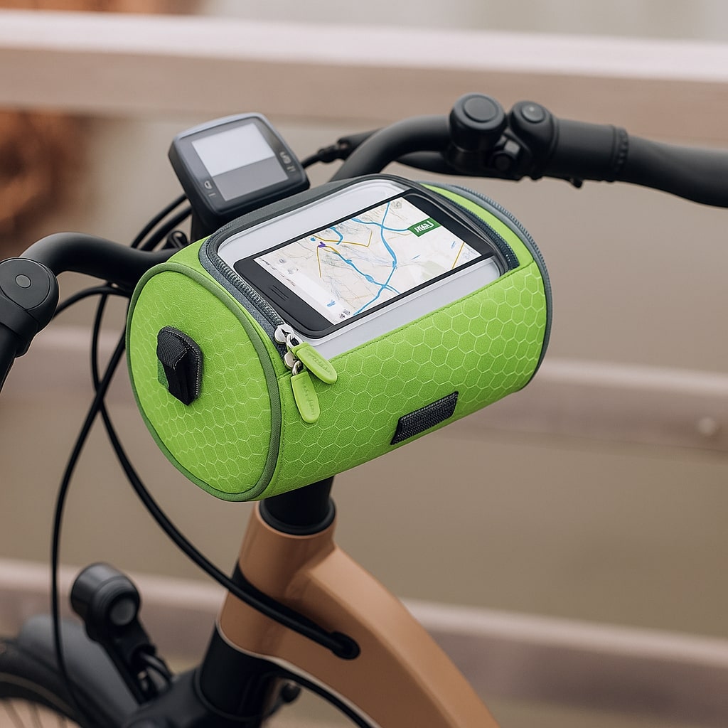 Bike Handlebar Storage Bag | Touchscreen Phone Window, 22 x 12 x 12.5 cm | Waterproof Nylon, Hook-and-Loop Mount 16