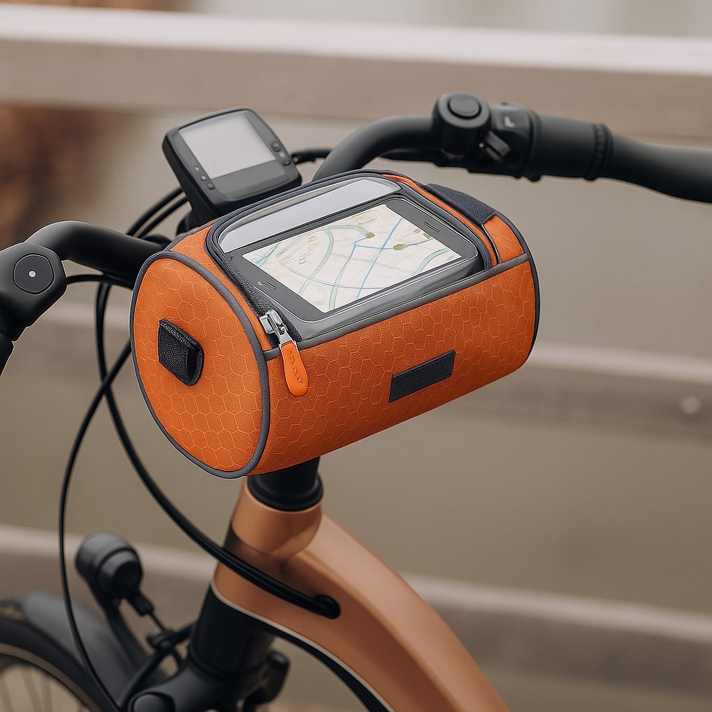 Bike Handlebar Storage Bag | Touchscreen Phone Window, 22 x 12 x 12.5 cm | Waterproof Nylon, Hook-and-Loop Mount 17