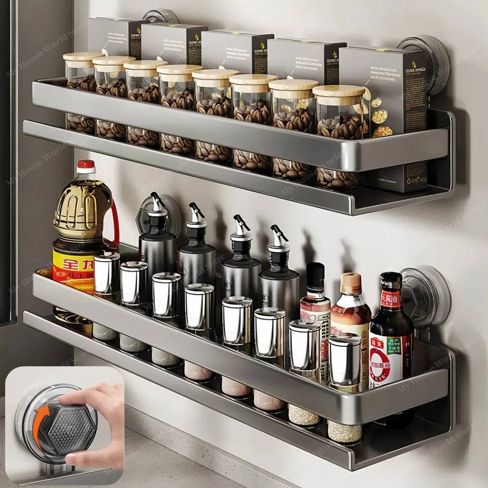 Wall-Mounted Spice Rack Organizer Stainless Steel 30/40/50 cm | Suction Cup No-Drill Mount | Adjustable Kitchen Storage 1