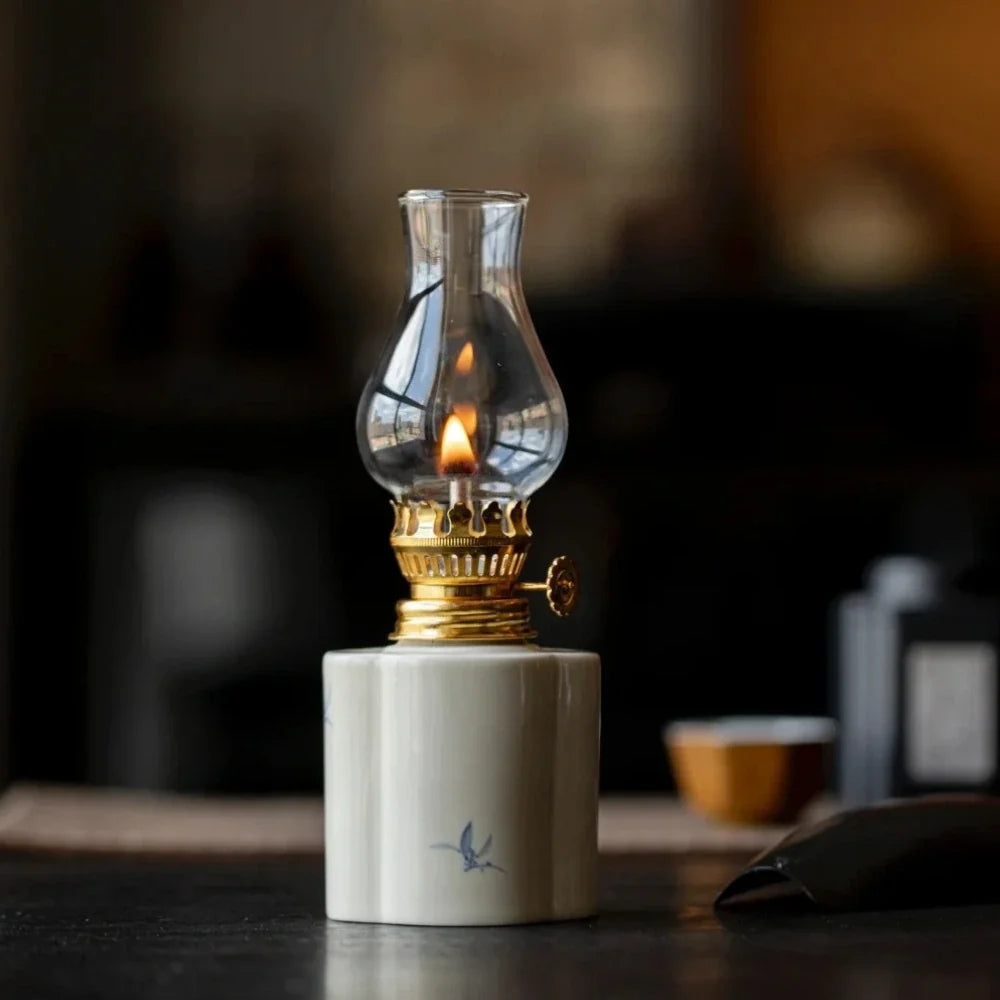 Ceramic Oil Lantern with Glass Shade, 18 cm | Adjustable Wick Flame, Bud or Classic Shape | Windproof Ambient Lighting 12