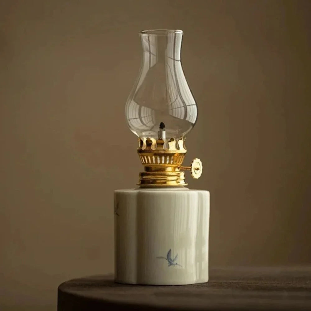 Ceramic Oil Lantern with Glass Shade, 18 cm | Adjustable Wick Flame, Bud or Classic Shape | Windproof Ambient Lighting 7