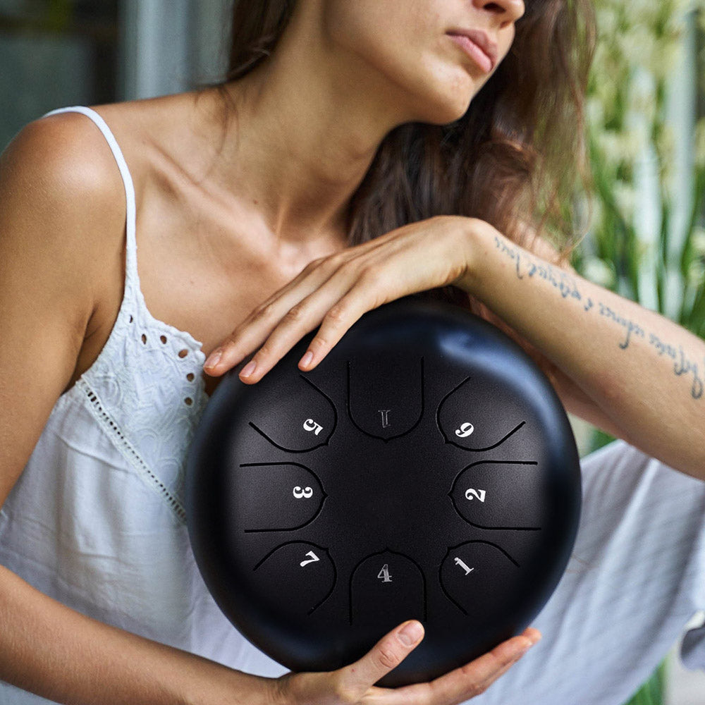Steel Tongue Drum | 8 Note D Major Hand-Tuned | Portable Meditation Instrument with Drumsticks, Bag & Finger Covers 1