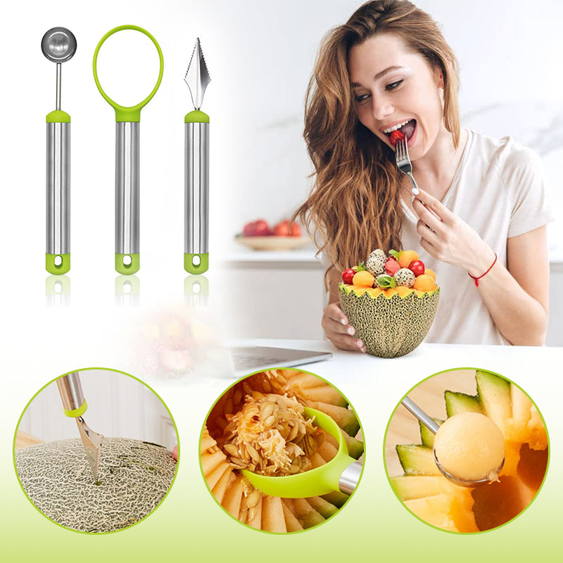 3-Piece Fruit Digging Tool Set Stainless Steel | Melon Baller, Carving Knife & Fruit Shovel | Stackable Design 2