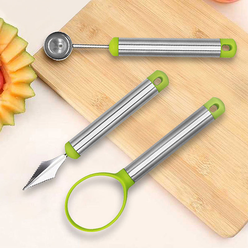 3-Piece Fruit Digging Tool Set Stainless Steel | Melon Baller, Carving Knife & Fruit Shovel | Stackable Design 4