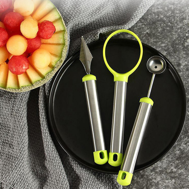 3-Piece Fruit Digging Tool Set Stainless Steel | Melon Baller, Carving Knife & Fruit Shovel | Stackable Design 3