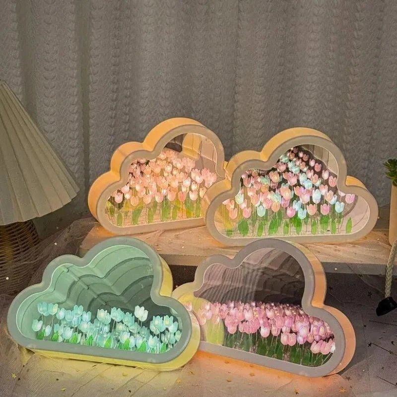 Tulip Cloud Night Light Acrylic | Mirrored Infinity Effect | 20 Warm White Tulips, Cordless, Medium & Large, 50-Hour Battery 9