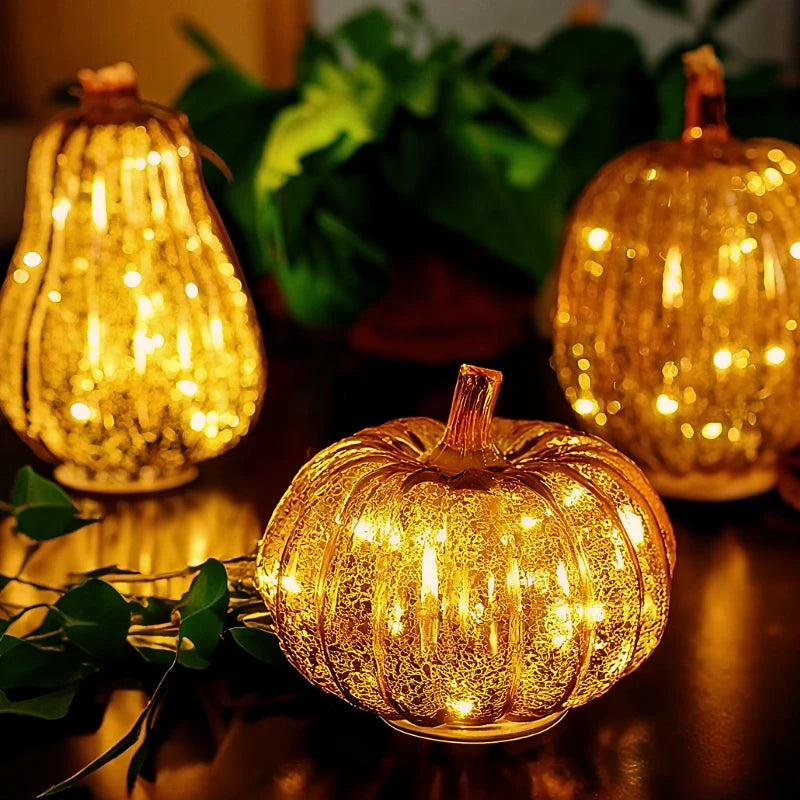 Hand-Blown Glass Pumpkin Lamp Autumn Decor | Built-In 6-Hour Timer Function | Silvered Glass Finish, Battery Powered 9