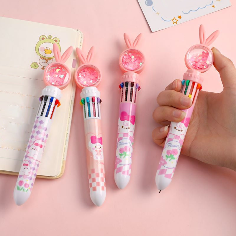 10-In-1 Rabbit Ballpoint Pen Plastic | Rotatable 3D Rabbit Top with 10 Ink Colours | Smooth Writing Gift for Women