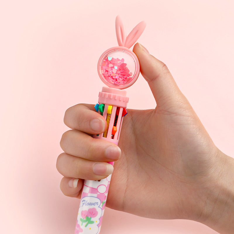 10-In-1 Rabbit Ballpoint Pen Plastic | Rotatable 3D Rabbit Top with 10 Ink Colours | Smooth Writing Gift for Women