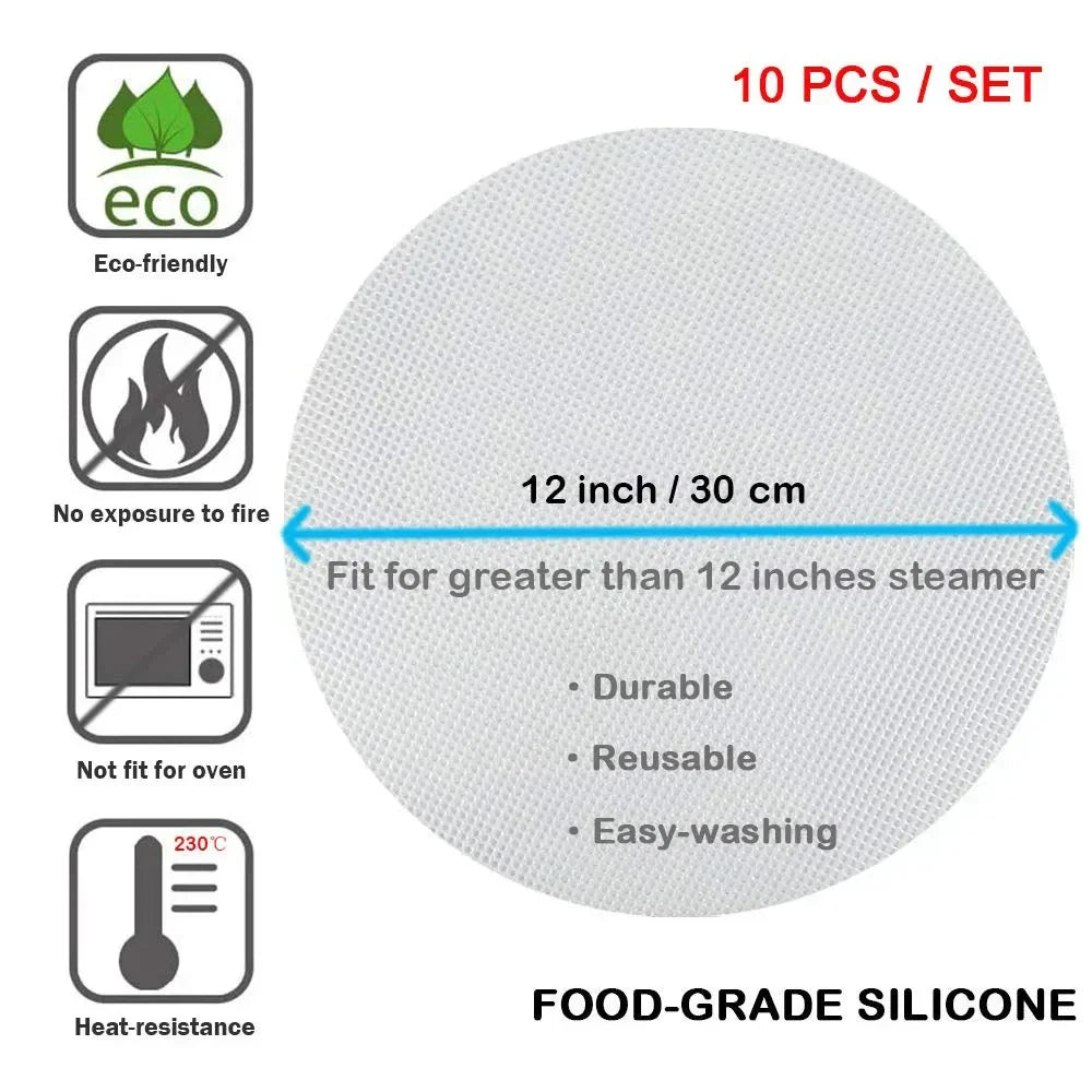 Silicone Steamer Liners Round 8/10/12 Inch | Set of 10, Non-Stick Mesh | Reusable Dehydrator Mats for Steaming & Baking 5