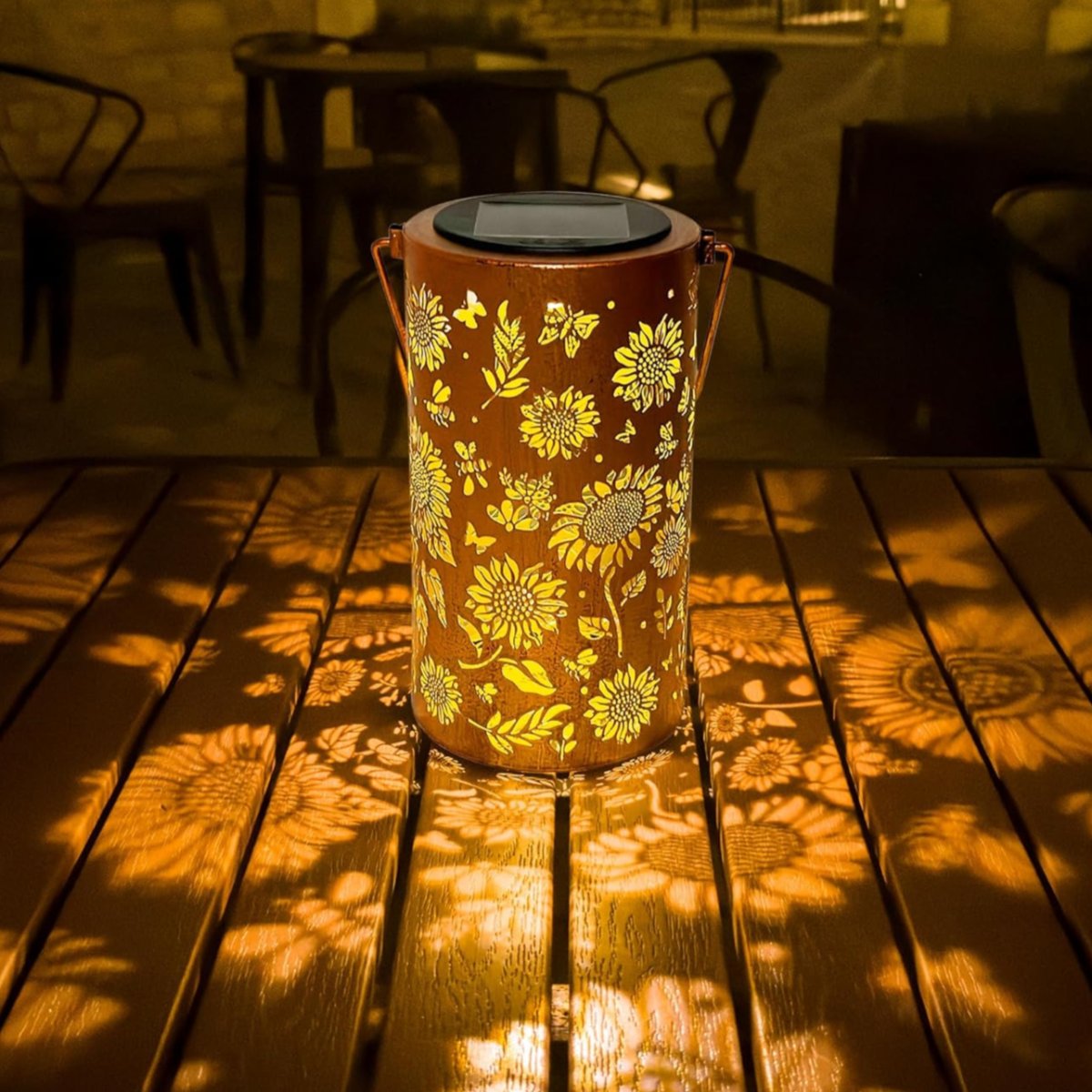 Solar Silhouette Lantern Iron | 30 x 10 cm, Sun Flower or Butterfly Cutout | IP55 Weatherproof, 8-12 Hour Warm White Glow 1