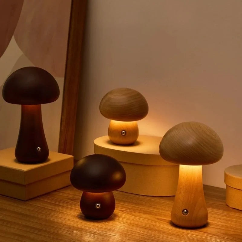 Wooden Mushroom Table Lamp Solid Wood | Cordless Rechargeable Dimmable Nightlight | Up to 10 Hours Warm White Glow 2