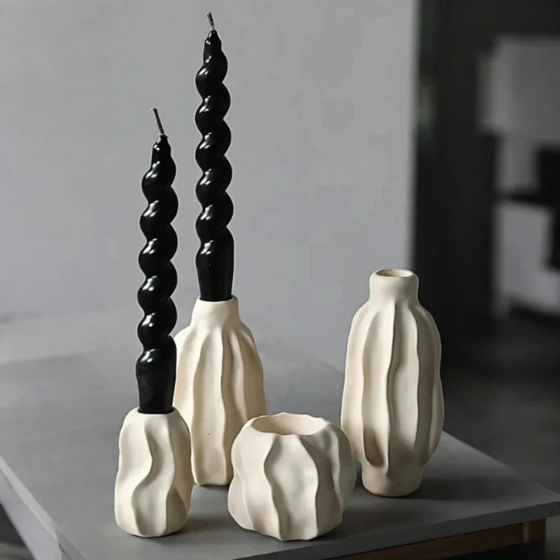 Rippled Ceramic Candle Holder, 8-15 cm | Hand-Crafted Matte Finish, 4 Sizes | Fits Taper Candles, Sold Individually or as Set of 4 1