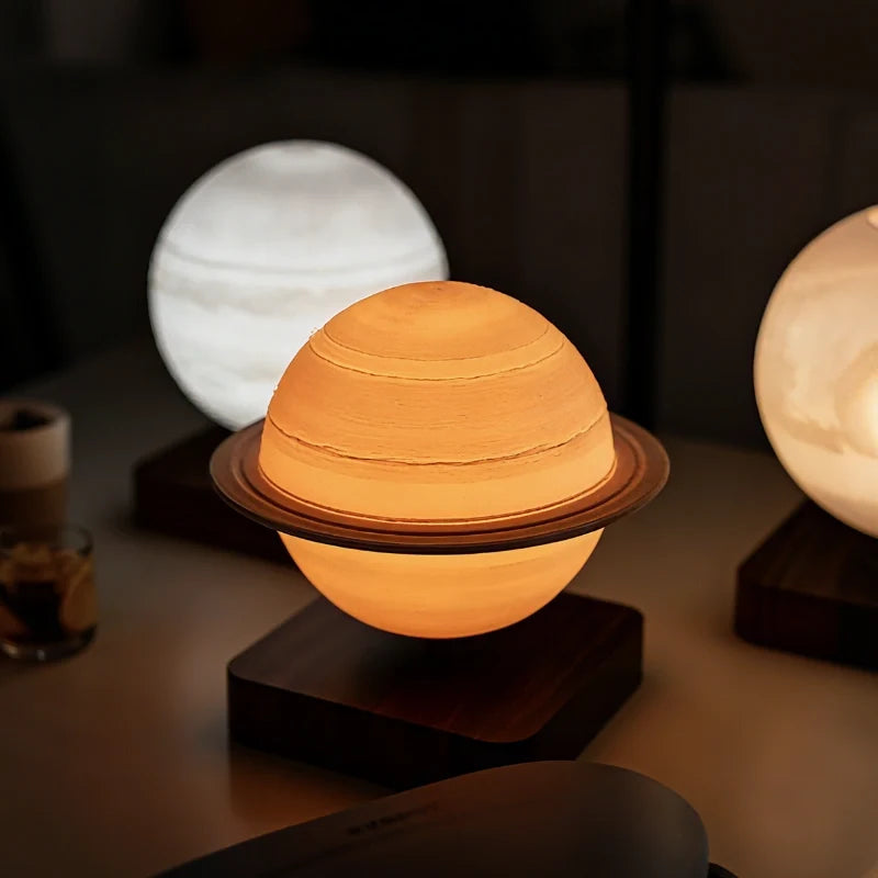 Levitating Planet Lamp, ABS/PLA Globe | Moon or Saturn, Oak/Walnut Base | Magnetic 360° Rotation, 3 Light Colours 1