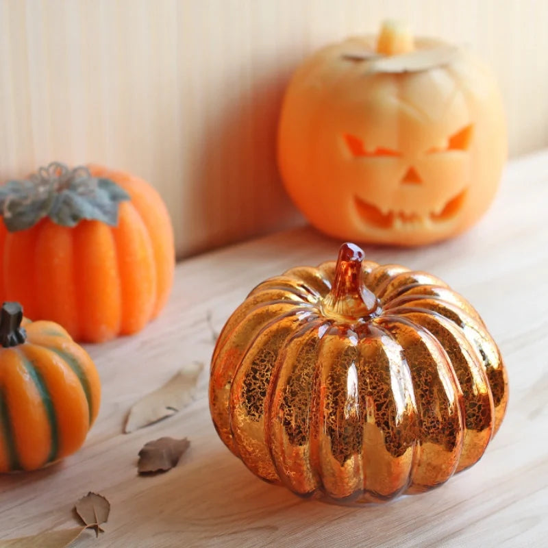 Hand-Blown Glass Pumpkin Lamp Autumn Decor | Built-In 6-Hour Timer Function | Silvered Glass Finish, Battery Powered 23