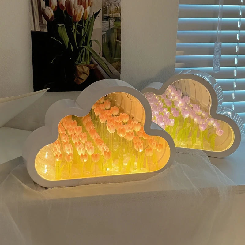 Tulip Cloud Night Light Acrylic | Mirrored Infinity Effect | 20 Warm White Tulips, Cordless, Medium & Large, 50-Hour Battery 2