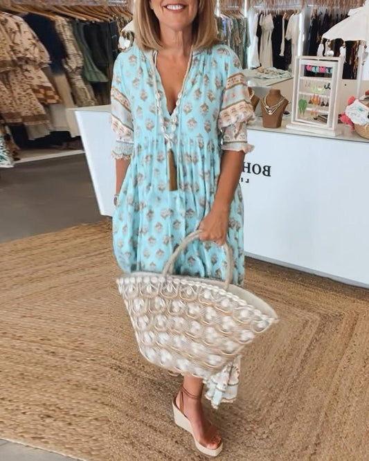Floral V-Neck Women's Dress | Casual Midi Length in Cotton Blend - Summer Style for Plus Sizes S-3XL 1