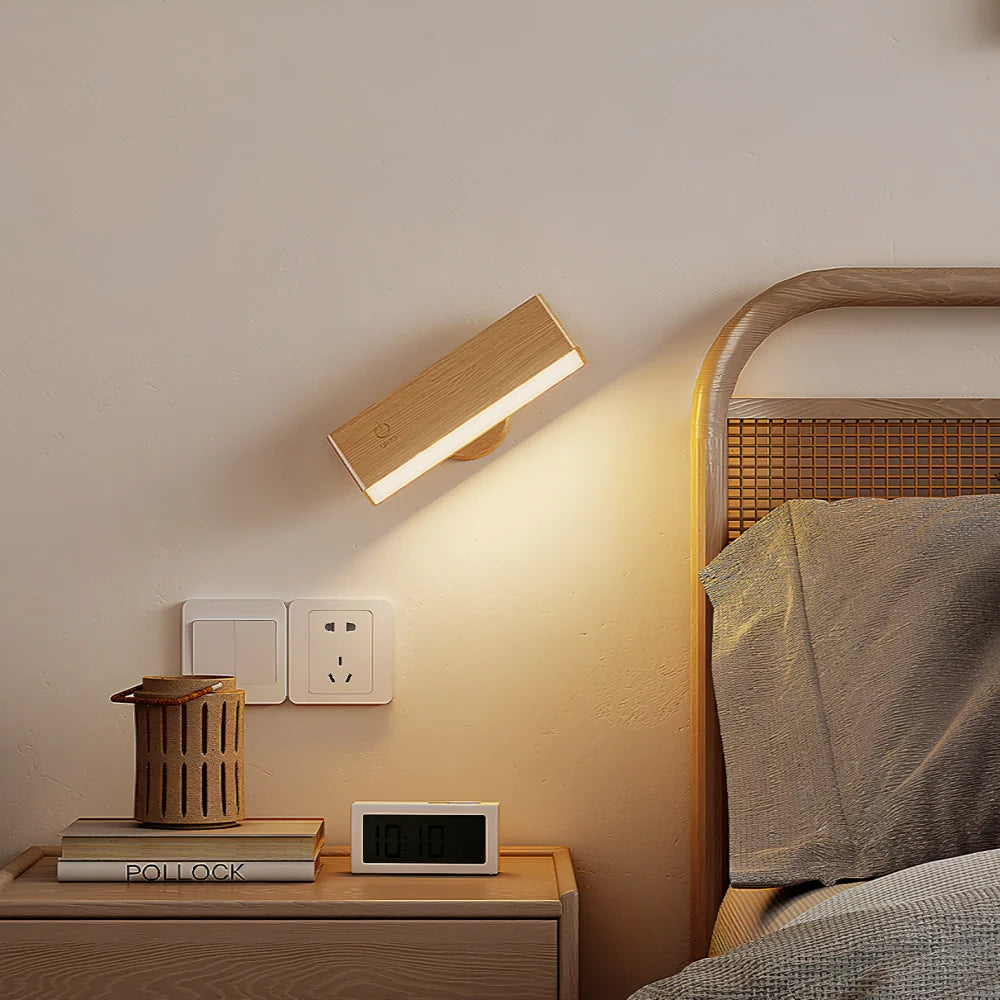 Rotatable Wall Light Wood 12 cm | Rounded or Rectangular, Ash or Walnut | 360° Swivel, Touch Dimmable, Rechargeable 6