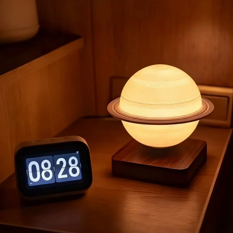 Levitating Planet Lamp, ABS/PLA Globe | Moon or Saturn, Oak/Walnut Base | Magnetic 360° Rotation, 3 Light Colours 5