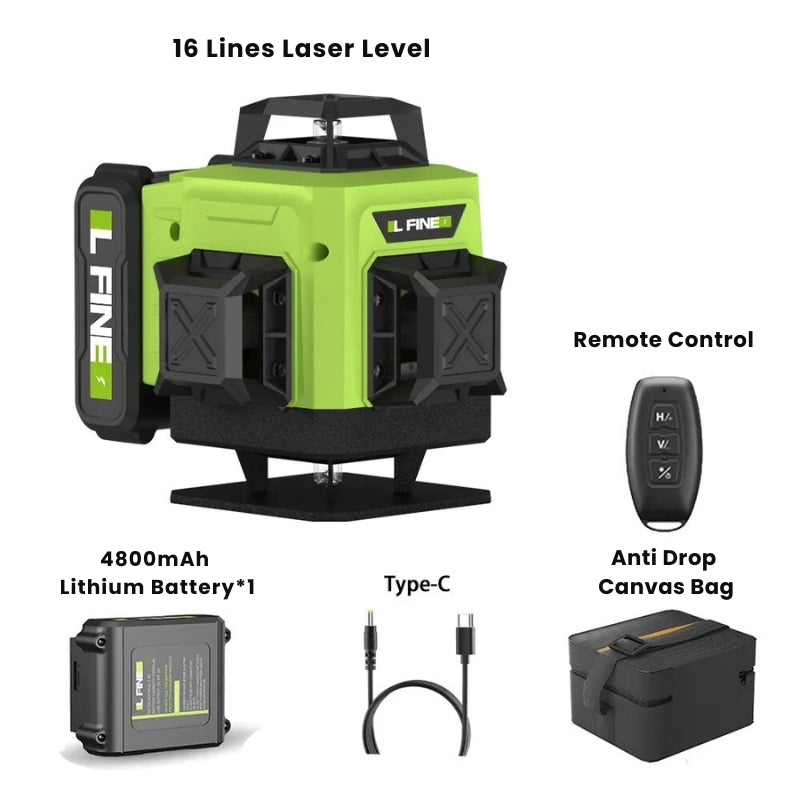 16-Line 4D Laser Level | 360° Horizontal & Vertical Coverage with Bluetooth App Control | 4800mAh Battery, IP54 Rated