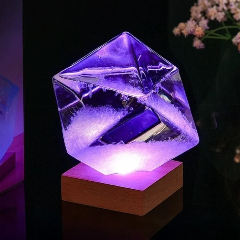 Crystal Weather Lamp Glass & Wood | Water Drop or Cube Shape, USB or Battery Powered | 7-Colour LED, Crystals React to Temperature 4