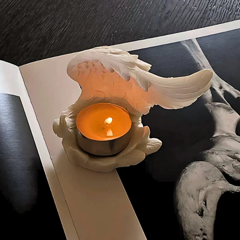 Angel Wing Candle Holder, Resin, 10 x 8 x 6 cm | White or Black | Sculpted Feathers Cast Soft Flickering Light 4