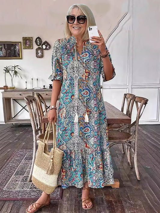 Boho Bliss | Women's Dress with Lace-Up Front & Tiered Skirt - Comfortable Summer Maxi in Blue, Orange, Red 1