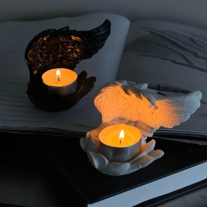 Angel Wing Candle Holder, Resin, 10 x 8 x 6 cm | White or Black | Sculpted Feathers Cast Soft Flickering Light 5