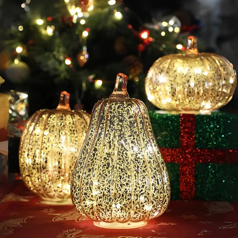 Hand-Blown Glass Pumpkin Lamp Autumn Decor | Built-In 6-Hour Timer Function | Silvered Glass Finish, Battery Powered 21