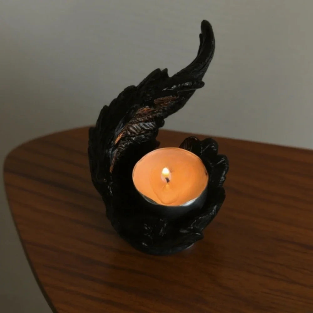 Angel Wing Candle Holder, Resin, 10 x 8 x 6 cm | White or Black | Sculpted Feathers Cast Soft Flickering Light 3