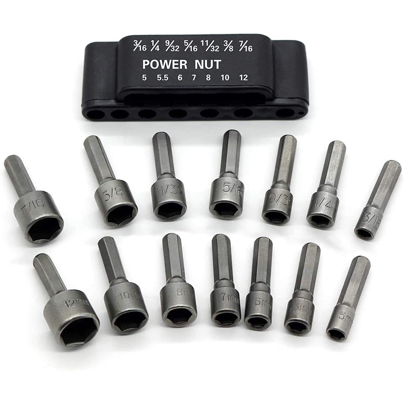 Hex Shank Nut Driver Bit Set, Chrome Vanadium Steel | 14-Piece Metric & Imperial Sizes | Fits Drills & Screwdrivers 6