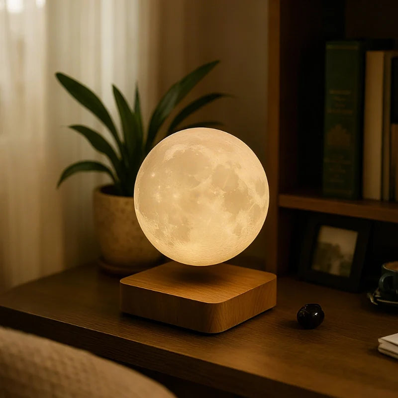 Levitating Planet Lamp, ABS/PLA Globe | Moon or Saturn, Oak/Walnut Base | Magnetic 360° Rotation, 3 Light Colours 2