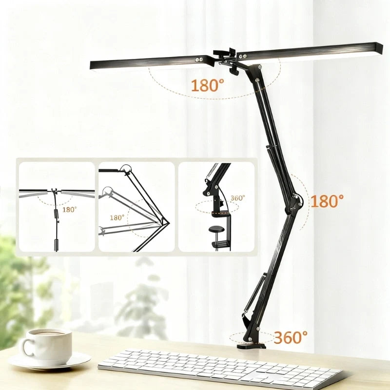 LED Desk Lamp Dual Head | 360° Rotatable Arms, Clamp Base | Remote & Touch Control, 3 Colour Temperatures, Dimmable 5