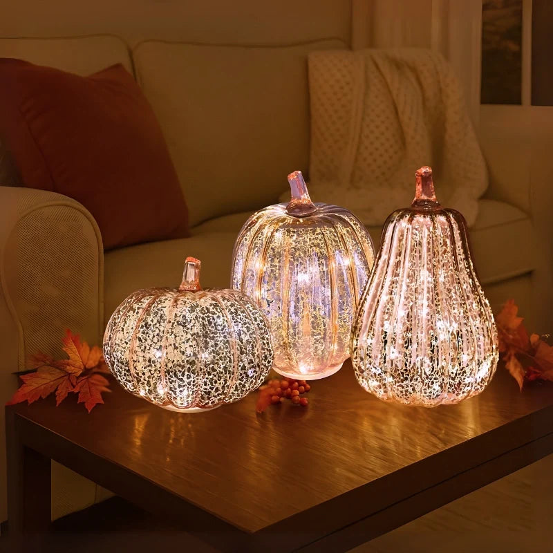 Hand-Blown Glass Pumpkin Lamp Autumn Decor | Built-In 6-Hour Timer Function | Silvered Glass Finish, Battery Powered 17