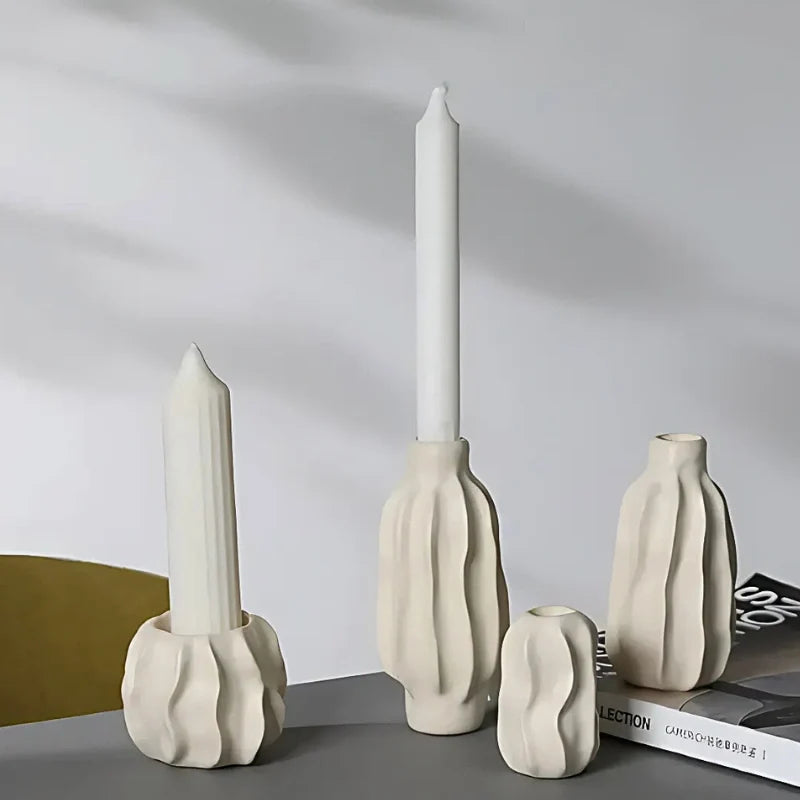 Rippled Ceramic Candle Holder, 8-15 cm | Hand-Crafted Matte Finish, 4 Sizes | Fits Taper Candles, Sold Individually or as Set of 4 8