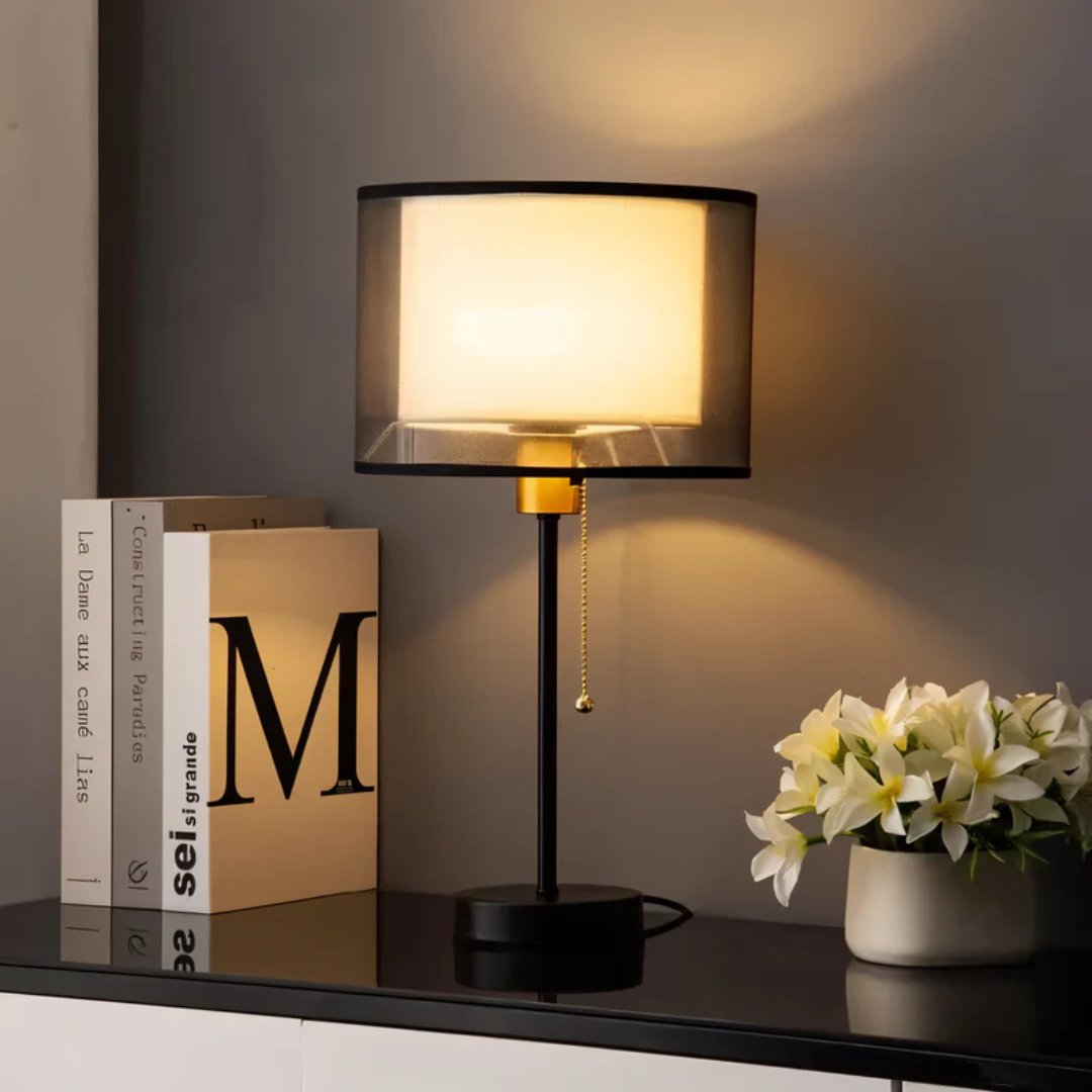Table Lamp with Double-Layer Fabric Shade | Vintage Metal Base for Bedroom & Living Room | Warm White Ambient Lighting 2